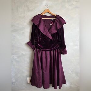 Purple Velvet Formal Dress V Neck Flutter Collar Ruched Waist Midi Sz 20W Nwt
